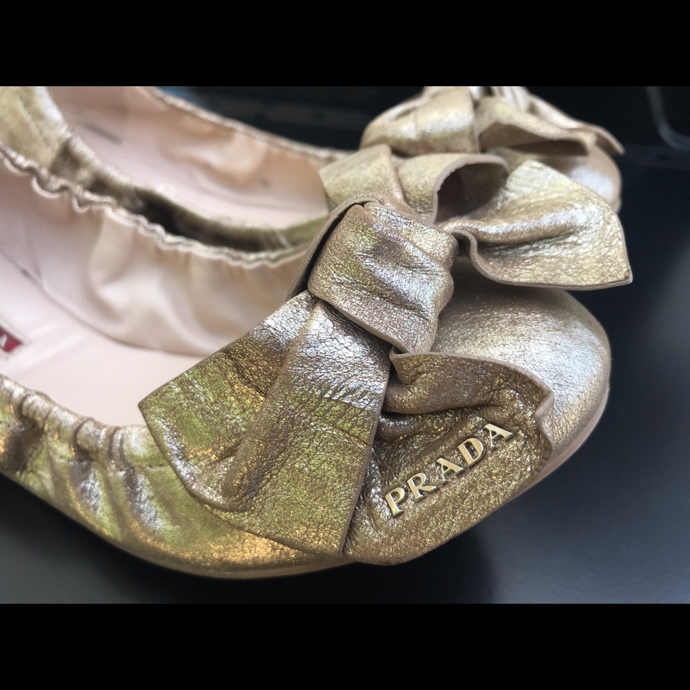 Prada Gold Metallic Bow Ballet Flats